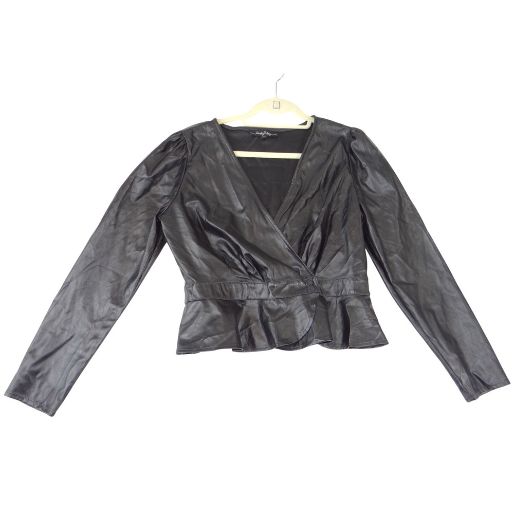 Lovely‎ Day Black Faux Leather Wrap Peplum Top Puff Sleeve V-Neck Size L